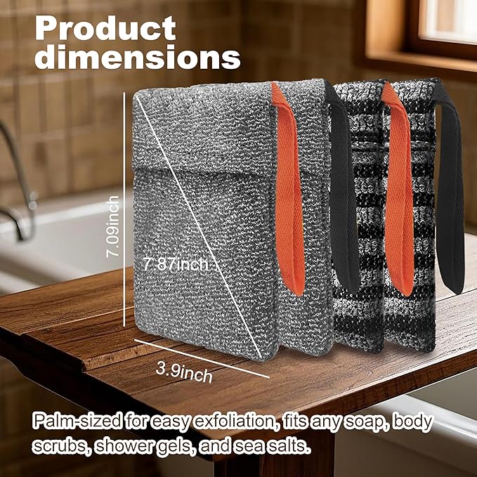 4 Pack Soap Bag Deep and Gentle Exfoliating,Bar Soap Pouch Saver Pocket, Body Scrubber Shower Bath Sponge Loofah (Grey)
