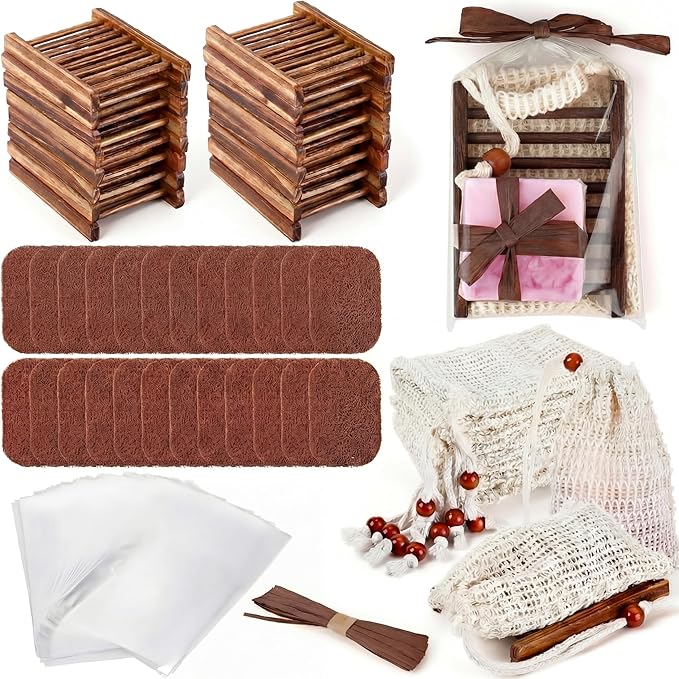 Threehoney 72 Pcs Soap Saver Set Including Wooden Dish Exfoliating Bag Saver Pads Bulk with 100 OPP Transparent Bags 2 Bundles Paper Ropes for Wedding Homemade Gift Mother‘S Day(Carbonized Color)