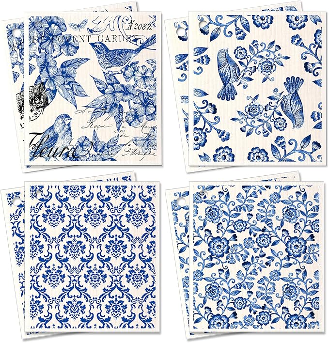 Miss Adola Swedish Dishcloths for Kitchen - Elegant 8 Pack Compostable Patterned Cotton Dish Cloths Absorbent Swedish Paper Towels Reusable Kitchen Dish Towels, Blue and White Ceramic Style