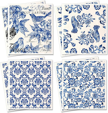 Miss Adola Swedish Dishcloths for Kitchen - Elegant 8 Pack Compostable Patterned Cotton Dish Cloths Absorbent Swedish Paper Towels Reusable Kitchen Dish Towels, Blue and White Ceramic Style