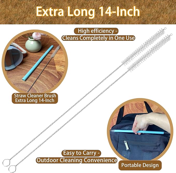Straw Cleaner Brush Extra Long 14 Inch, 8-PCS Straw Brush Extra Long with 304 Stainless Steel Handle, Extra Long Pipe Tube Cleaner for Water Bottle, Coffee Kettle and Pipes.