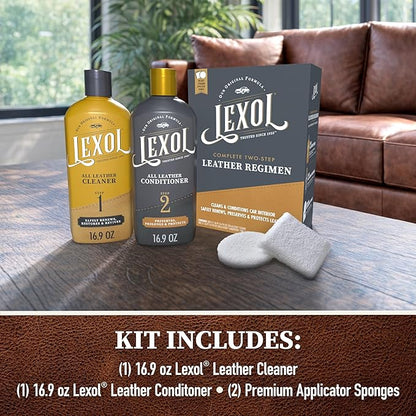 Lexol Leather Cleaner and Conditioner Kit for Furniture, Car Interiors, Shoes, Handbags. Includes 2 Application Sponges. Two-Step System 16 oz Each for Smooth Soft Leather Care and Shine Boosting