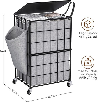 90L Laundry Basket with Wheels, Large Capacity Laundry Hamper with Removable Liner Bags, Heavy Duty Laundry Sorter with Solid Wood Lid & Leather Handles, Grey