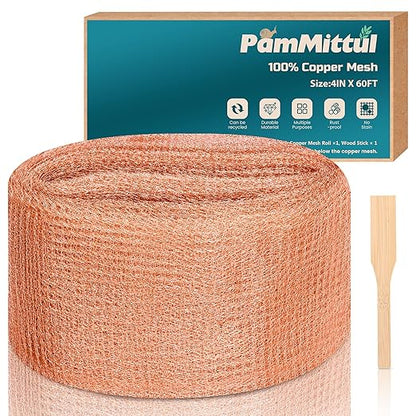 Copper Mesh Rodent Control, 4in x 60ft Rustproof Pure Copper Mesh Roll for Slug Snail Mice Control, Ideal for Blocking Holes in Walls Vents, Plus Packing Tool for Easy Installation