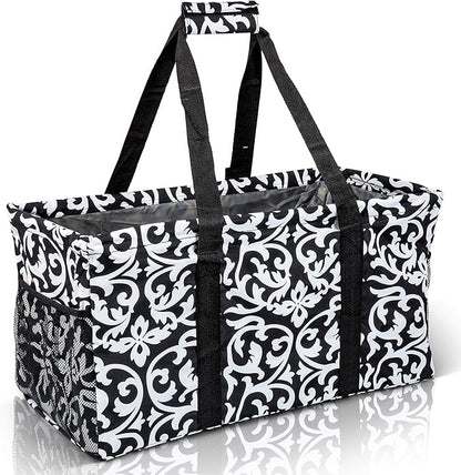 Extra Large Utility Tote Bag - Oversized Collapsible Reusable Wire Frame Rectangular Canvas Basket With Two Exterior Pockets For Beach, Pool, Laundry, Car Trunk, Storage - Damask Black