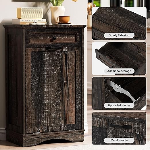 AHB 13 Gallons Tilt Out Trash Cabinet Hidden Trash Can Cabinet Freestanding Garbage Recycling Cabinet with Hideaway Drawer Pet Proof Trash Bin for Kitchen Living Room, Rustic Brown