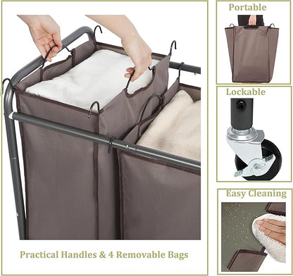 Laundry Sorter 4 Section, 4-Bag Heavy Duty Rolling Laundry Hamper Cart, Laundry Basket Organizer With Wheels and Removable Bags, Laundry Room Organization For Dirty Clothes Storage, BROWN
