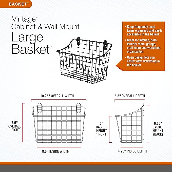 Spectrum Large Wall Mounted Wire Basket Industrial Gray Kitchen Wall Mount Organizer Storage Basket, Wire Basket for Kitchen Bathroom Pantry Organization, Wall Hanging Wire Caddy for Modern Homes