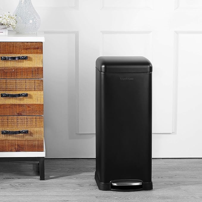 happimess HPM1007B Betty Retro 8-Gallon Step-Open Trash Can with Soft-Close Lid, Fingerprint Resistant, Modern, Minimalistic for Home, Kitchen, Laundry Room, Office, Bedroom, Bathroom, Black