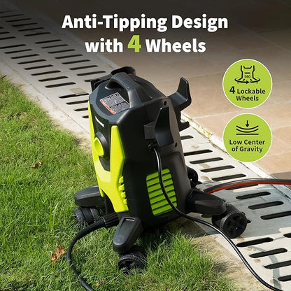 Yeryork Pressure Washer, 3000 PSI Power Washer with 4 Lockable Wheels, Stainless Steel Lance, 4 Quick Connect Nozzles, 500ml Foam Cannon for Car/Decks/Driveways/Patios (Fluorescent Green)
