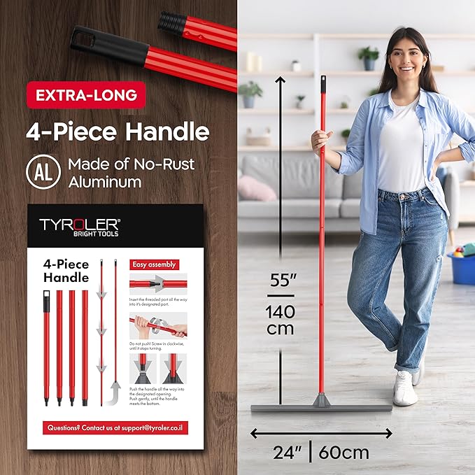 Tyroler Floor Squeegee for Concrete Floors, 24" Heavy Duty Squeegee for Floor, Squeegees Broom for Floors with 55" 4 Part Handle Perfect for Tiles, Marble, Garage, Deck, Patio, Bathroom, Shower