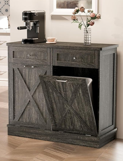 TOLEAD Double Tilt Out Trash Can Cabinet 2 x 10 Gallon Wooden Hidden Trash Cabinet with Barn Door & Solid Wood Top, Farmhouse Kitchen Garbage Bin Enclosure, Pet Proof Odor Blocking for Kitchen, Grey