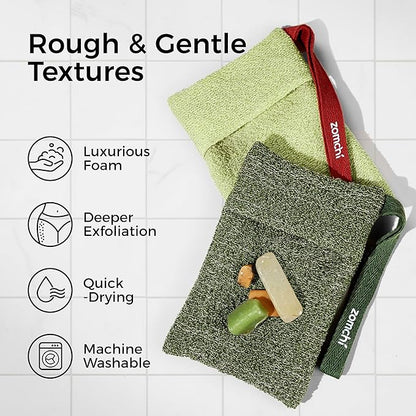 ZOMCHI Exfoliating Bar Soap Pouch, 2 Pack Soap Bags with Coarse & Gentle Mesh for Effective Exfoliation, Soap Saver Bags for Rich Lathering and Deep Cleansing (Olive Green)