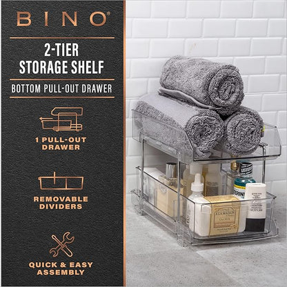BINO 2 Tier Clear Storage Organizer with Dividers | Bottom Slide Out Drawer for Under Sink, Medicine Cabinet | Bathroom Closet, Vanity, Pantry Organizer | Under Cabinet Storage for Bathroom & Kitchen