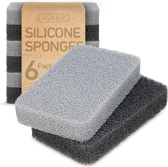Casanero 6 Pack Silicone Dish Sponges, Heavy Duty Non Scratch Sponges for Dishwashing, Reusable Household Cleaning Sponges for Kitchen, Countertop, Bathroom, Non Stick Cookware or Car