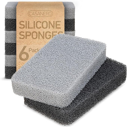 Casanero 6 Pack Silicone Dish Sponges, Heavy Duty Non Scratch Sponges for Dishwashing, Reusable Household Cleaning Sponges for Kitchen, Countertop, Bathroom, Non Stick Cookware or Car