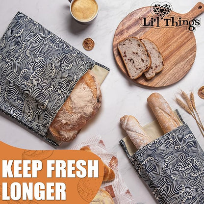 Sourdough Bread Bag – Reusable Beeswax Bread Storage Bags (2 Sizes) for Homemade & Artisan Loaves, Plastic-Free Bread Keeper – Japanese Araumi Waves (CLASSIC)- While Stocks Last