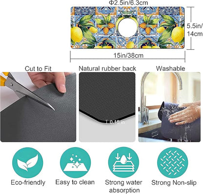 Kitchen Sink Splash Guard Faucet Mat Super Absorbent Fast Drying Mat Sink Gadgets Splash Guard Behind Faucet Drip Catcher for Kitchen (Lemon, 15x5.5in)