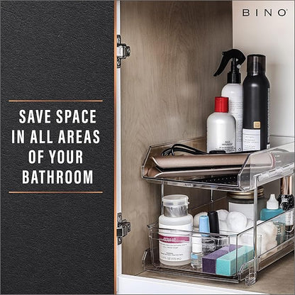BINO 2 Tier Clear Storage Organizer with Dividers | Bottom Slide Out Drawer for Under Sink, Medicine Cabinet | Bathroom Closet, Vanity, Pantry Organizer | Under Cabinet Storage for Bathroom & Kitchen
