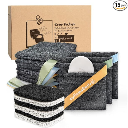myHomeBody Soap Pocket Squares Exfoliating Pouch, Body Scrubber, Exfoliator Sponge for Bath or Shower, or Leftover Bits Saver, Graphite Gray, 9 Pack + 6 Lift Pads