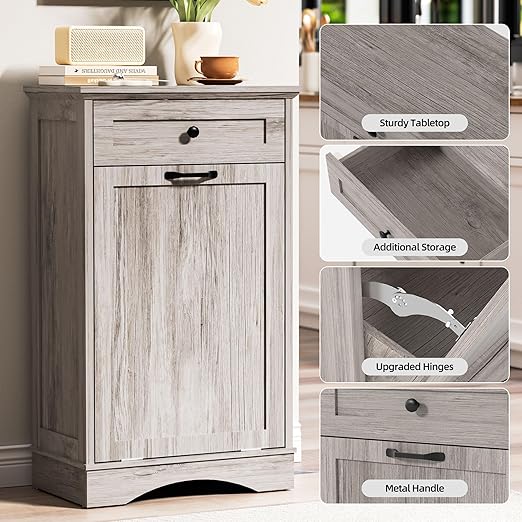 AHB 13 Gallons Tilt Out Trash Cabinet Hidden Trash Can Cabinet Freestanding Garbage Recycling Cabinet with Hideaway Drawer Pet Proof Trash Bin for Kitchen Living Room, Grey