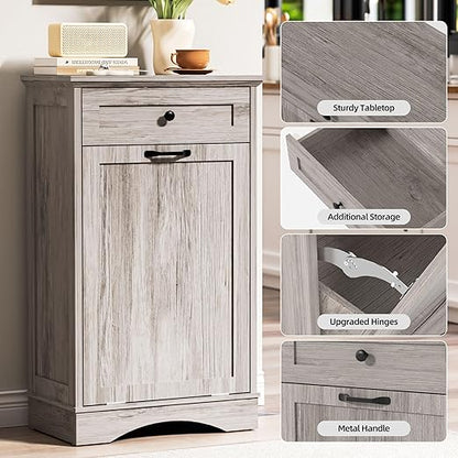 AHB 13 Gallons Tilt Out Trash Cabinet Hidden Trash Can Cabinet Freestanding Garbage Recycling Cabinet with Hideaway Drawer Pet Proof Trash Bin for Kitchen Living Room, Grey