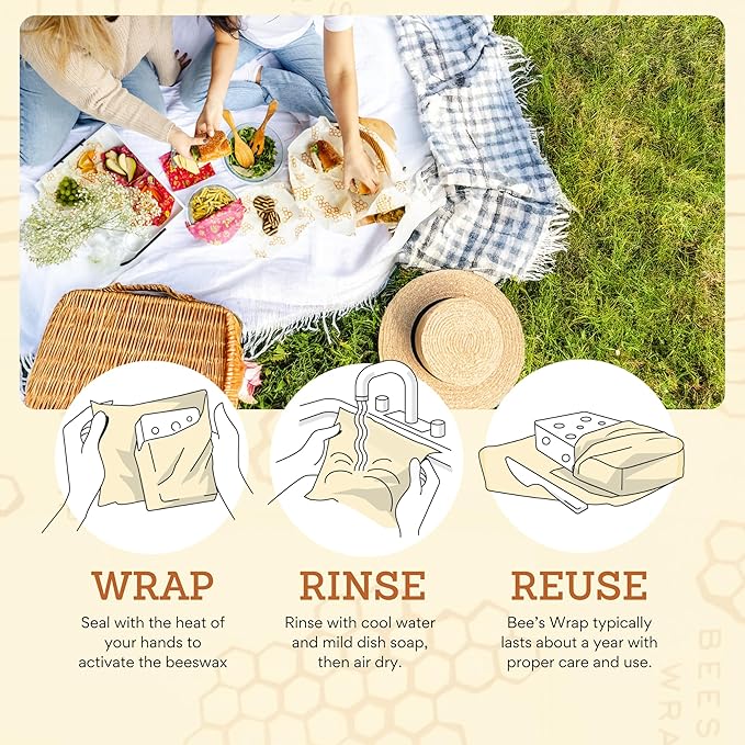 Bee's Wrap Beeswax Wraps for Food - Assorted 5 Pack of Beeswax Wraps - 2 Large & 3 Medium Wrap - Plastic Free Made in USA Reusable Natural Food Wrap - Meadow Magic Print