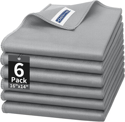 Microfiber Cleaning Cloth - 6 Pack Glasses Cleaning Cloth, 16" x 14" Window Cleaning Rags, Streak Free Lint Free Polishing Cloths Wipes for Eye Glass, Stainless Steel, Windshield, Grey