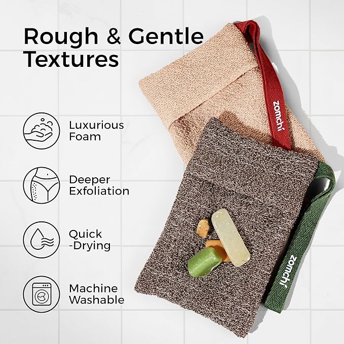 ZOMCHI Bar Soap Saver Bags, 2 Pieces Exfoliating Soap Bag with Different Roughness, Soap Bar Loofah for Men and Women, Body Scrubber Exfoliator for Smooth Clean Skin (Brown)