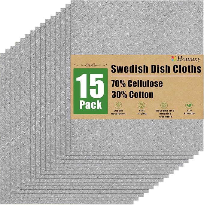 Homaxy Swedish Dishcloths for Kitchen, 15 Pack Reusable and Washable Cellulose Sponge Cloths Dish Towels, Absorbent and No Odor Paper Towels for Dishes ＆ Counters, Grey