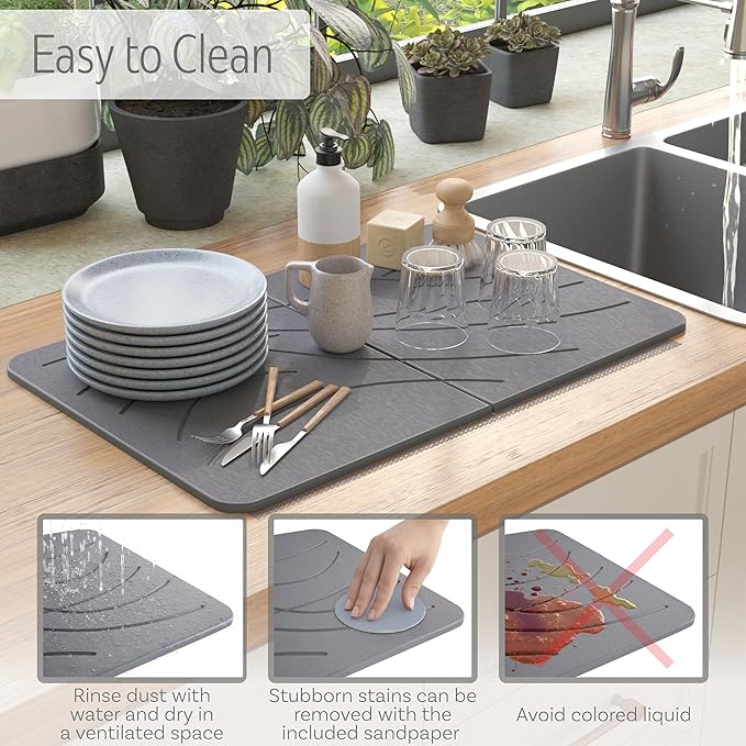LARGE | PREMIUM | Stone Dish Mat + Bamboo Rack | 24” x 16” | Foldable (Dark Gray)