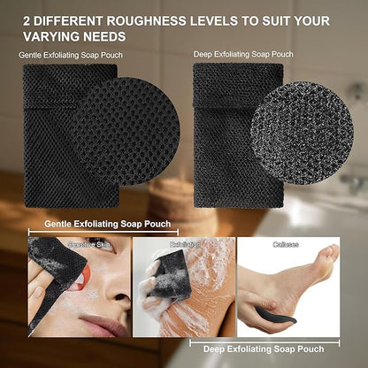 2 Pack Soap Bag Deep and Gentle Exfoliating,Bar Soap Pouch Saver Pocket,Body Scrubber Shower Sponge Bath Loofah (Black)