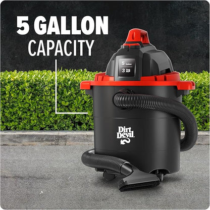 Dirt Devil 5 Gallon Corded Wet Dry Shop Vacuum, Portable, Heavy Duty Vacuum for Garage, Home, Workshop or Vehicle, Compact Design with Versatile Tools, Wet/Dry Shop Vac