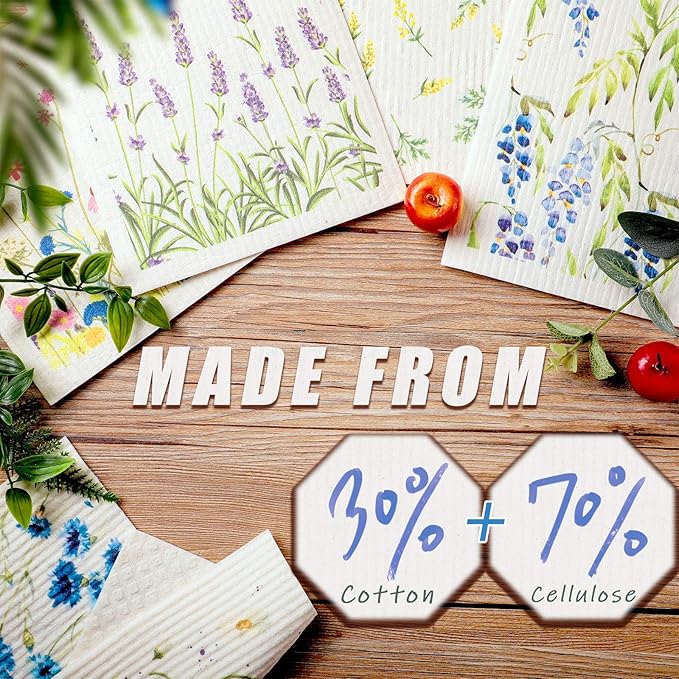 Remagr Swedish Kitchen Dish Towels Wildflowers Reusable Sponge Cleaning Cloths Absorbent Quick Drying Washable Cleaning Wipes No Odor Hand Towel (6)