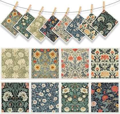 Tegeme 8 Pcs William Morris Swedish Dishcloth Kitchen Vintage Floral Dish Towels Blue Green Flower Kitchen Dish Cloth Washable Absorbent Cotton Towels for Spring Summer Housewarming Gift, 6.8 x 7.7''