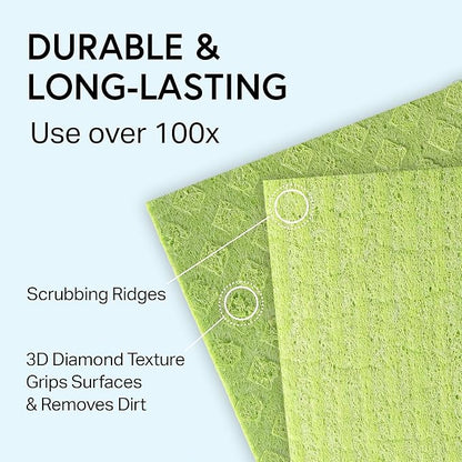 Swedish Wholesale Dishcloths Reusable 8" x 7" Sponge Cloths, Bulk 10 Pack of High Absorbent Cellulose Dish & Kitchen Cleaning Hand Towels, Wring to Dry & Machine Wash, Odor Resistant, White