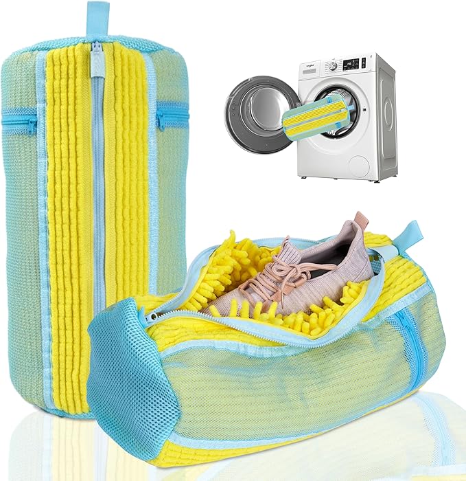 Shoe Washing Machine Bag, 2 Pcs Reusable Laundry Shoe Bag for Washer and Dryer, 360 Deep Cleaning Sneaker Washing Bag with Zipper, Mesh Pockets and Hanging Strip, Fits All Shoe Types & Sizes, Yellow