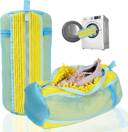 Shoe Washing Machine Bag, 2 Pcs Reusable Laundry Shoe Bag for Washer and Dryer, 360 Deep Cleaning Sneaker Washing Bag with Zipper, Mesh Pockets and Hanging Strip, Fits All Shoe Types & Sizes, Yellow