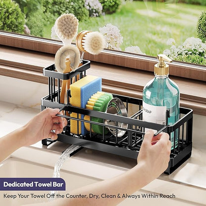 SWTYMIKI Sponge Holder for Kitchen Sink - Sink Caddy with Brush Holder Self-draining Sponge Caddy Organizer with Divider Stainless Steel Kitchen Accessories Storage for Countertop, Black