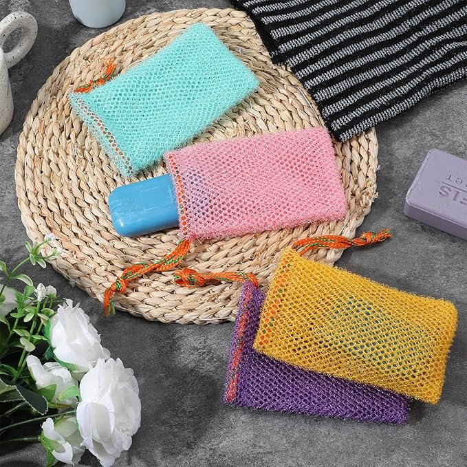 4 Pcs Mesh Soap Bags, 4 Colors Bar Soap Bags for Soaps Savers, Bar Soaps Loofah Bubble with Drawstring Foaming Nets Pocket for Shower Body Facial Cleaning