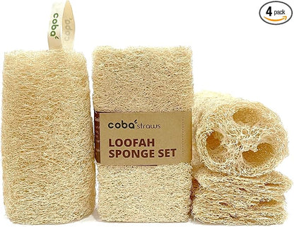 Natural Loofah Sponge Set (4-Pack) | Shower Loofah Exfoliating Body Scrubber for Women & Men | Multi-Use Sponge for Shower, Spa, Kitchen, Pet | 100% Natural, Dye-Free, Eco-Friendly