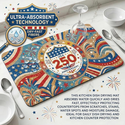 250th Anniversary USA Patriotic Dish Drying Mat 12x20 Absorbent Non-Slip Kitchen Bar Mat, Bold Eagle American Flag Stars Fireworks Freedom Decor for Memorial Day, 4th of July & USA 250 Celebration