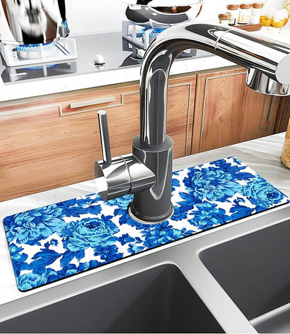 Kitchen Sink Splash Guard Faucet Mat Super Absorbent Fast Drying Mat Sink Gadgets Splash Guard Behind Faucet Drip Catcher for Kitchen (Blue Flowers, 15x5.5in)