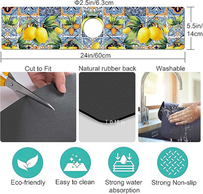 Kitchen Sink Splash Guard Faucet Mat Super Absorbent Fast Drying Mat Sink Gadgets Splash Guard Behind Faucet Drip Catcher for Kitchen (Lemon, 23.5x5.5in)