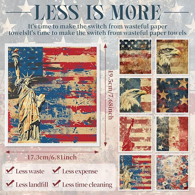 Tegeme 8 Pcs Patriotic Swedish Dishcloth 4th of July Red White Blue Swedish Dish Cloth 250 Anniversary American Flag Eagle Kitchen Dish Towel Absorbent Cotton Reusable for Independence Day Home Party