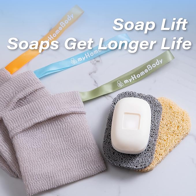 myHomeBody Soap Pocket Squares Exfoliating Pouch, Body Scrubber, Exfoliator Sponge for Bath or Shower, or Leftover Bits Saver, White Smoke, 3 Pack + 2 Lift Pads