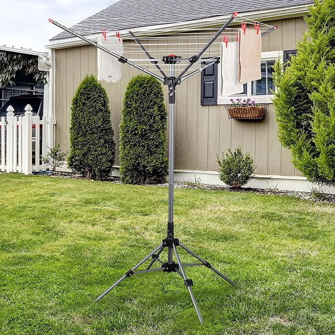 STO STO Portable Umbrella Clothesline, 82 Feet Rotary Drying Rack with Adjustable Height, Freestanding Laundry Line for Backyard, Patio, Balcony & Camping, Easy Setup with Carry Bag, No Tools Required