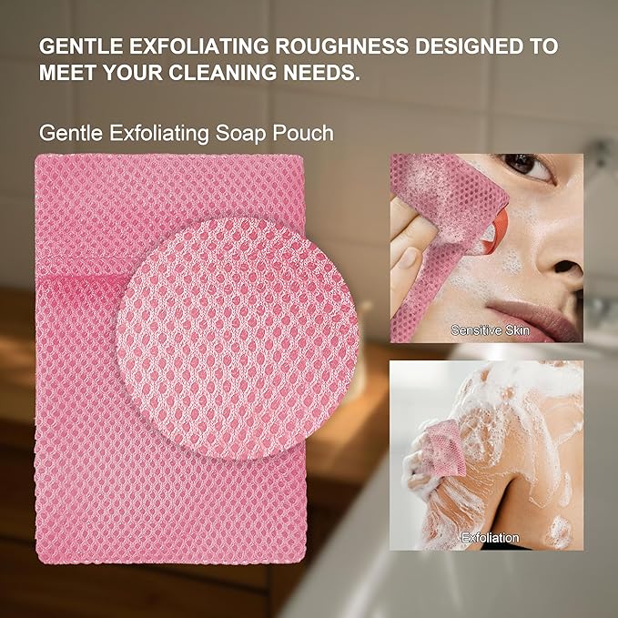 2 Pack Soap Bag Gentle Exfoliating,Bar Soap Pouch Saver Pocket,Body Scrubber Shower Bath Sponge Loofah (Pink)