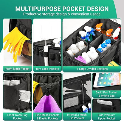 Large Rolling Cleaning Caddy Bag w/Detachable Trolley & Lid - Portable Cleaning Cart on Wheels w/Shoulder Strap & Waist Pouch - Cleaning Supplies & Tool Organizer for Home, Office, Car (Black)