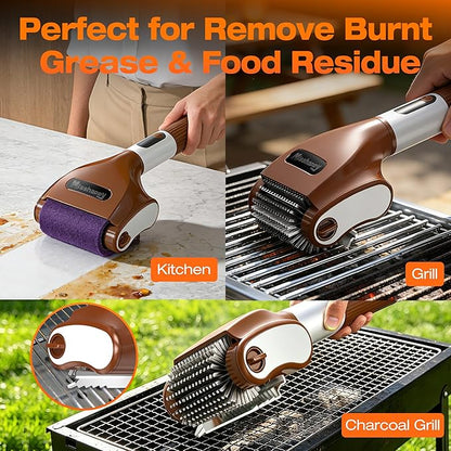 Electric Grill Brush - 4000mAh Cordless BBQ Grill Cleaner 2 Speed - 800RPM Bristle Free BBQ Grill Cleaner Tool Rechargeable with Scraper/LED Light/LED Display for Outdoor/Camping (Brown)